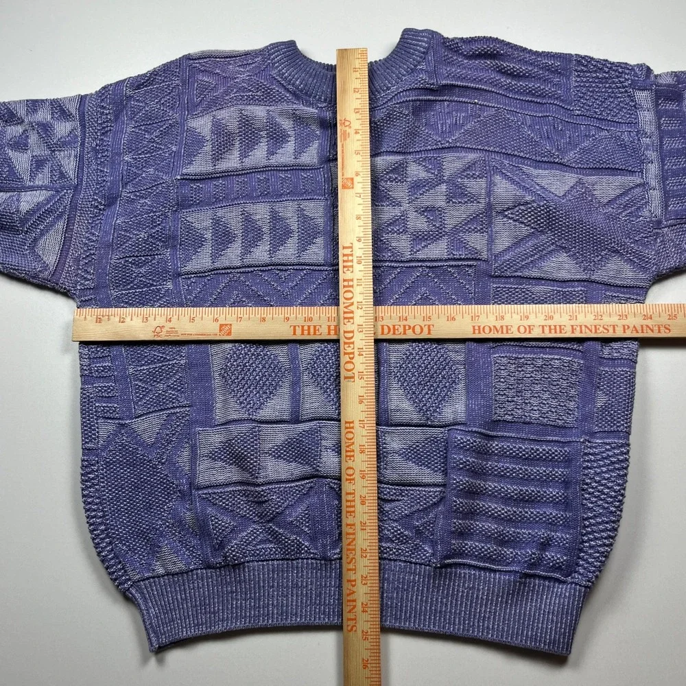 Vtg Claiborne Geometric Textured Knit Cotton Sweater Mens L Purple USA Grampcore